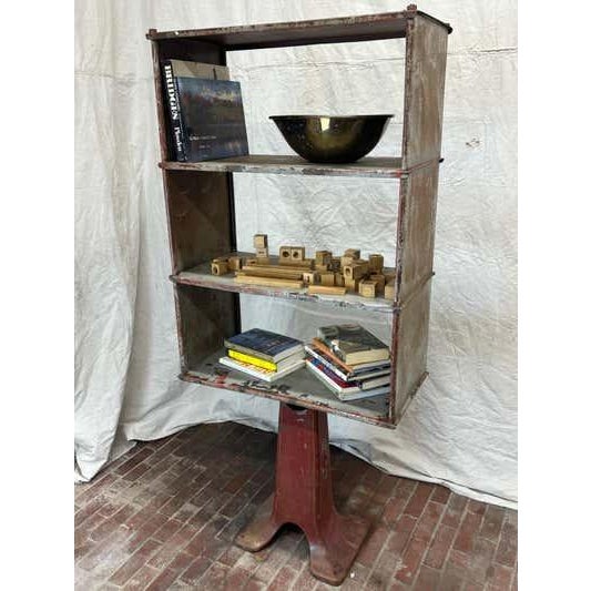 American Industrial Metal Bookshelf Display Stand, Sturdy Design, USA, 1935 For Sale - Image 3 of 11