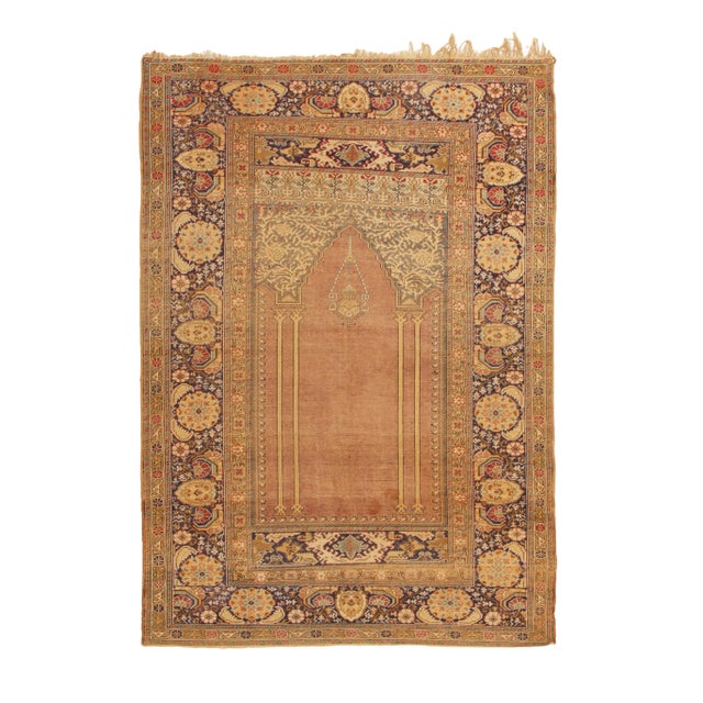Antique Kayseri Beige and Pink Wool Rug For Sale