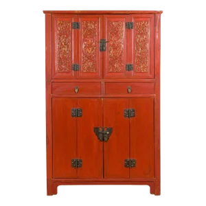 Late Qing Dynasty Red Lacquer Cabinet with Butterfly Hardware