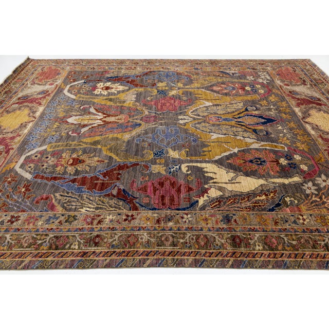 Modern Bidjar Style Hand-Knotted Wool Area Rug Floral Design in Earthy Charcoal For Sale - Image 10 of 11