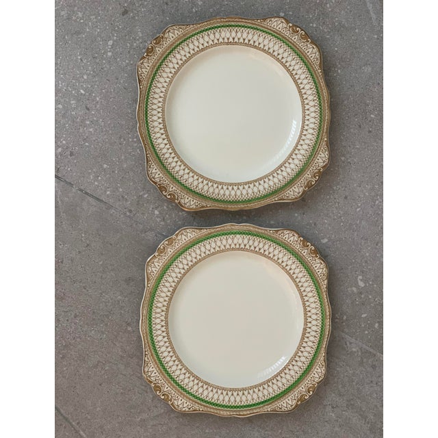 English Early 20th Century Rare Antique English Bone China J & G Meakin Westminster Pattern, Intricate Green & Gold Band on a Cream Ground- Set of 7 For Sale - Image 3 of 12