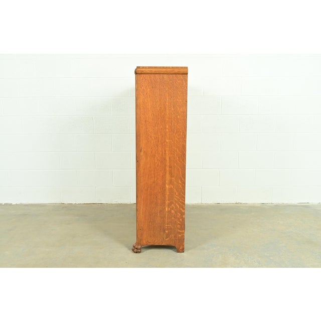 R. J. Horner Style Antique American Empire Carved Tiger Oak Double Bookcase Cabinet With Leaded Glass Doors, Circa 1890s For Sale - Image 12 of 14