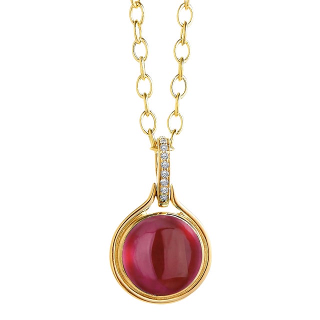 Syna Yellow Gold Rhodolite Garnet Necklace With Diamonds on 18 Inch Chain For Sale