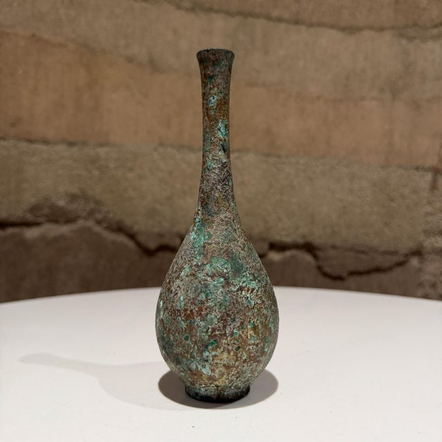 Metal Vintage Japanese Bronze Bud Vase Textured Greenish-Blue Verdigris Patina Murashido For Sale - Image 7 of 9