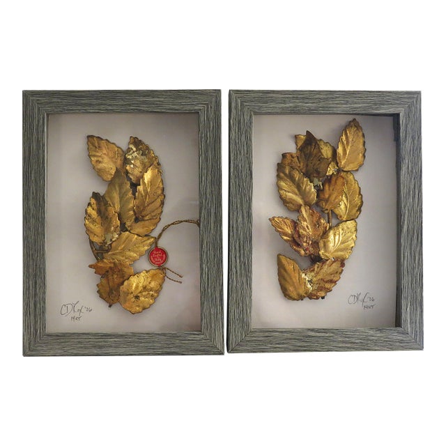 Vintage Italian Patina Gold Leaf Tole Collages, Framed Pair, Mid Century For Sale