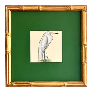 Original Handpainted Egret in a Hand-Painted Mat For Sale