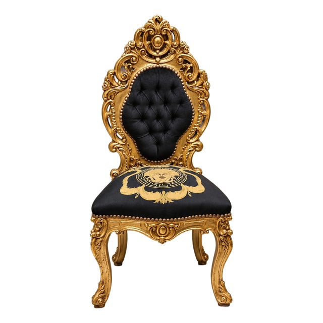 French Baroque Style Accent Chair – Gold Leaf Carved Frame With Black Tufted Upholstery & Medallion Detail For Sale