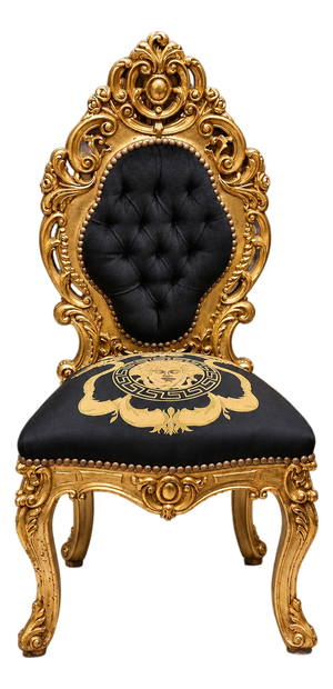 French Baroque Style Accent Chair – Gold Leaf Carved Frame With Black Tufted Upholstery & Medallion Detail