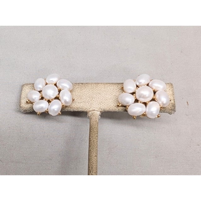 Metal Vintage 1958 Signed Crown Trifari Goldtone Faux-Pearl "Calypso" Clip Earrings-2 Pieces For Sale - Image 7 of 7