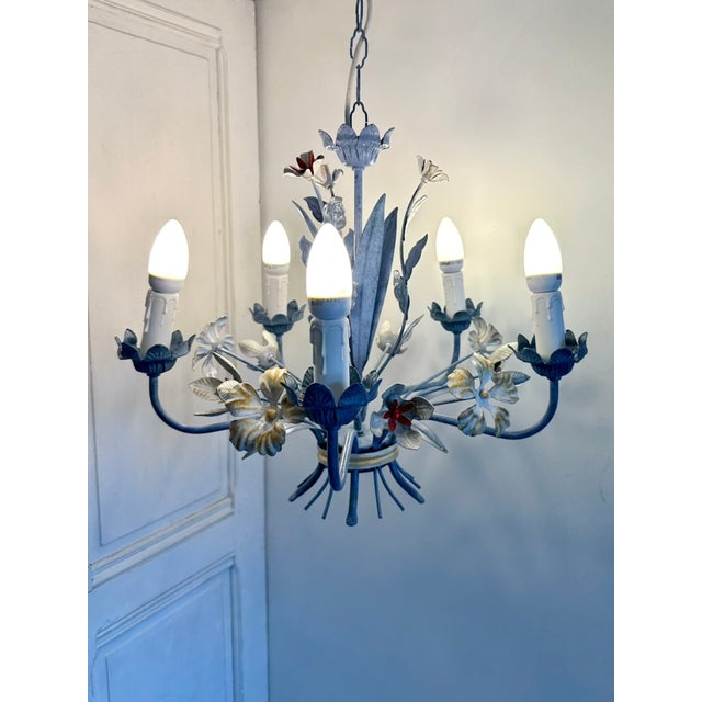 Vintage Floral Painted Steel Five-Light Chandelier from Lamparas Schuller, Spain, 1990s For Sale - Image 12 of 18