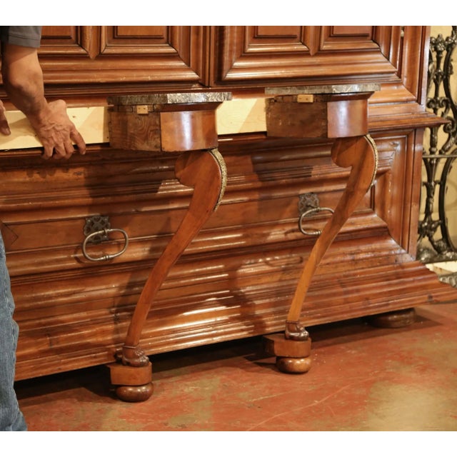 Pair of Early 19th Century French Empire Walnut and Marble Top Wall Consoles For Sale - Image 9 of 13