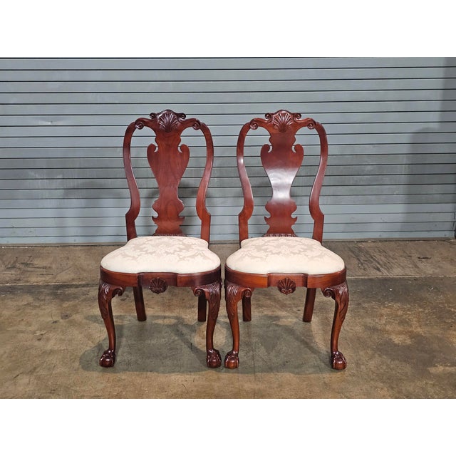 Queen Anne Pair of Kindel Winterthur Collection Mahogany Clawfoot Dinning Arm Chairs Silk For Sale - Image 3 of 11