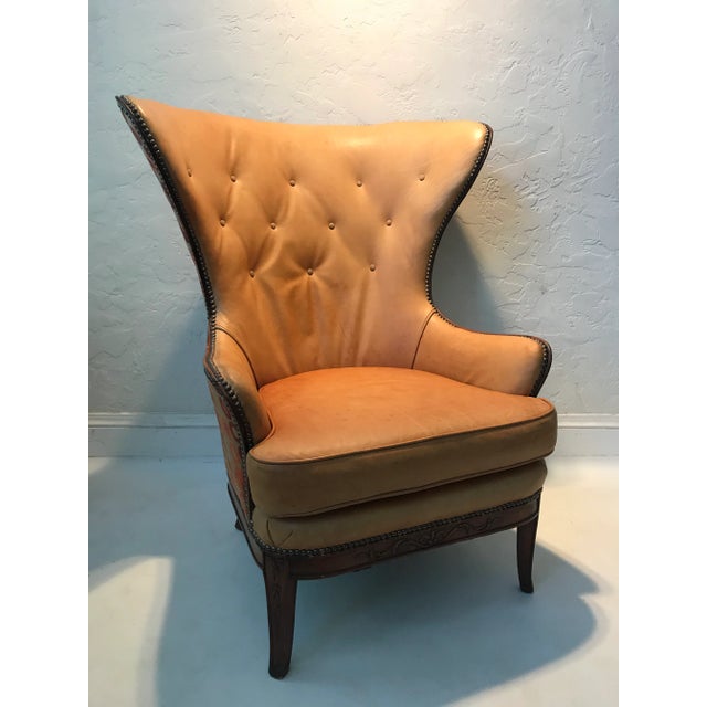 Designer Knoll Upholstered High Wingback Saddle Leather Chair For Sale - Image 12 of 13