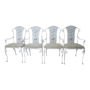 Vintage Salterini Style Metal White Upholstered Seat Patio Dining Chairs - Set of 4