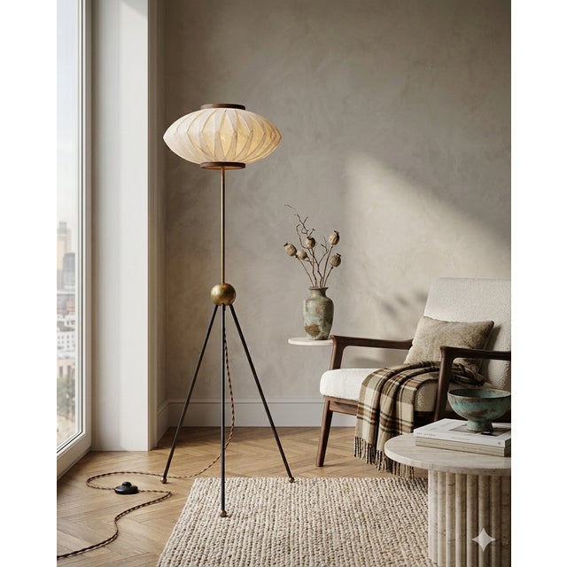 Brass Tripod Floor Lamp attributed to Svend Aage Holm Sørensen with Shade by Lars Eiler Schiøler, Denmark, 1960s For Sale - Image 6 of 7