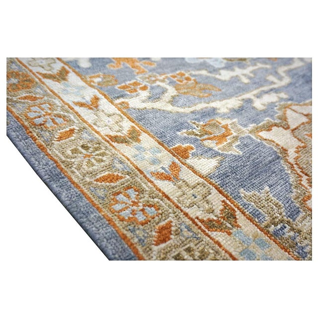 Indian Sultanabad Silk 6x6 Blue, Orange & Ivory Handmade Square Area Rugs #1143145 For Sale - Image 12 of 14