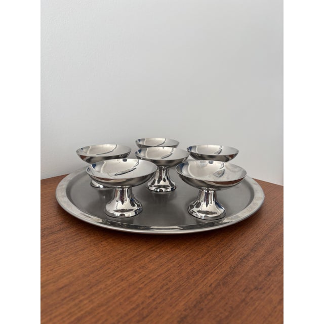 Vintage Sorbet Bowl with Serving Tray in Stainless Steel, 1970s, Set of 7 For Sale - Image 9 of 9