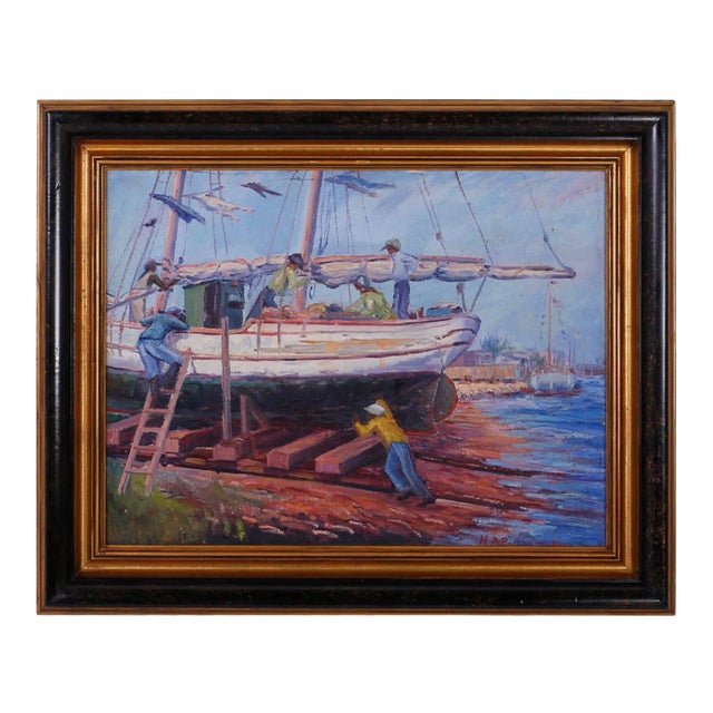 Vintage Impressionist Oil Painting of a Harbor Scene For Sale