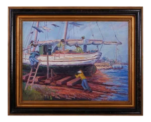 Vintage Impressionist Oil Painting of a Harbor Scene
