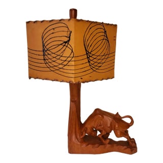 Vintage Hand Carved Wooden Bull With Fiber Glass Spun Diamond Shade. For Sale