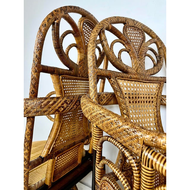 Brown Vintage Ornate Rattan Woven Caning Swivel Chairs- a Pair For Sale - Image 8 of 12