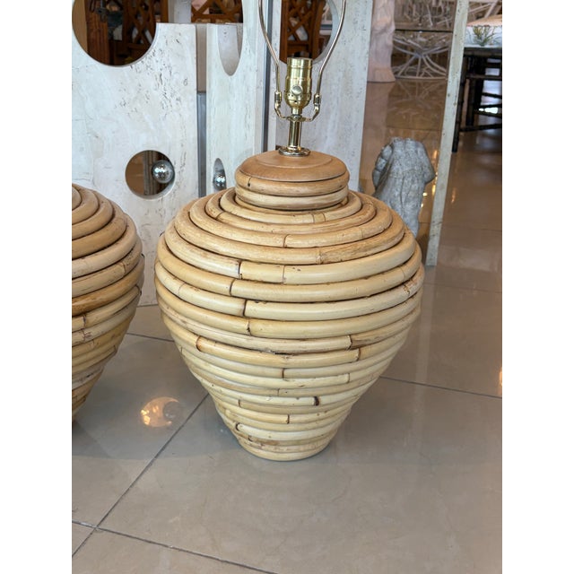Tan Vintage Palm Beach Coastal Large Rattan Table Lamps Newly Wired - a Pair For Sale - Image 8 of 12