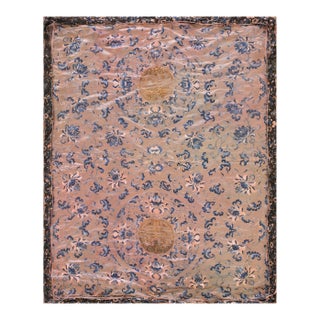 1850s Antique Chinese Floral Square Coral Textile Art Flat Weave Rug For Sale