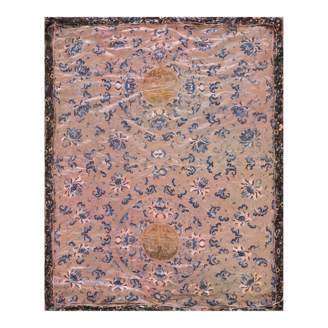 1850s Antique Chinese Floral Square Coral Textile Art Flat Weave Rug For Sale