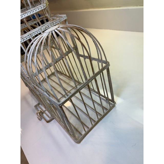 Taj Mahal Style Vintage Distressed White Metal Birdcage With Hanging Chain For Sale - Image 9 of 17