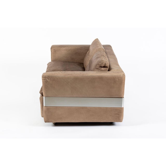Mid-Century Modern Mid Century German Distressed Brown Leather Sofa Style of Robert Haussmann For Sale - Image 3 of 14