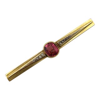 French 18k Gold Brooch With Bezel Set Tourmaline and Diamonds For Sale