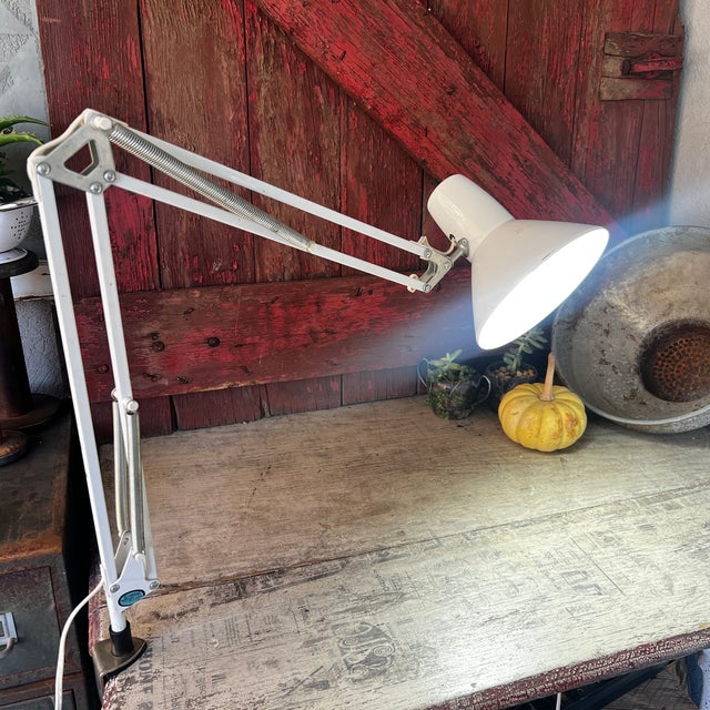 Vintage White Adjustable Desk Lamp With Clamp Base & Spring Arm Industrial Style Lighting For Sale - Image 4 of 14