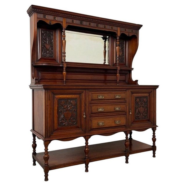 Antique English Carved Walnut Mirror-Back Sideboard, 1900s For Sale - Image 6 of 13