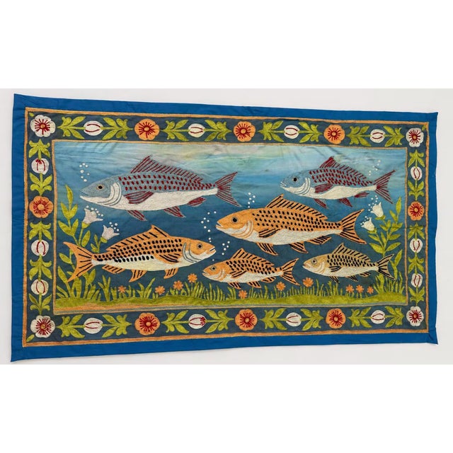 Vintage Hand-Embroidered Cotton Silk Thread Art Wall Hanging wiith Fish Motif, 1970s For Sale - Image 6 of 6