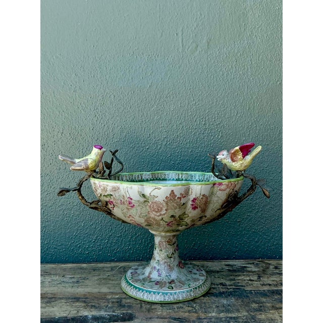 French Provincial Vintage Floral Glazed Ceramic Pedestal Cache Pot For Sale - Image 3 of 12