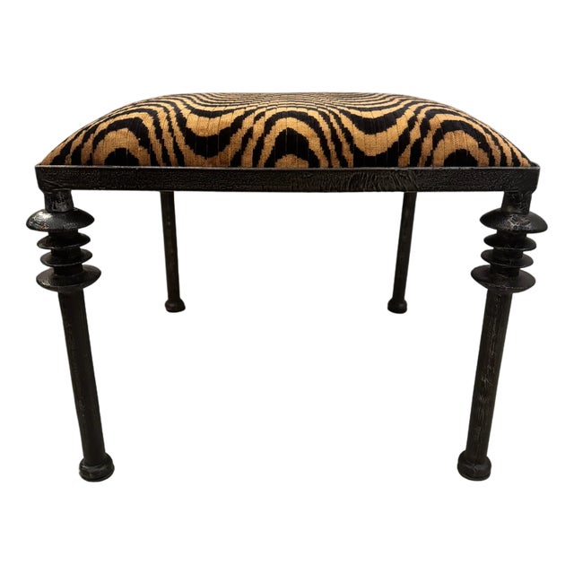 Iron Bench Upholstered in Clarence House Fabric For Sale