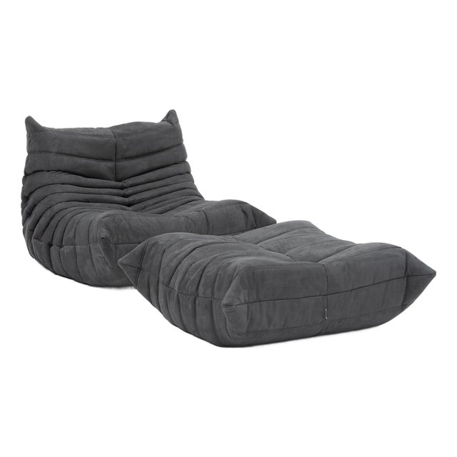 Authentic Restored Togo Fireside Chair and Ottoman in Shadow Grey Microfibre - Vintage Ligne Roset For Sale