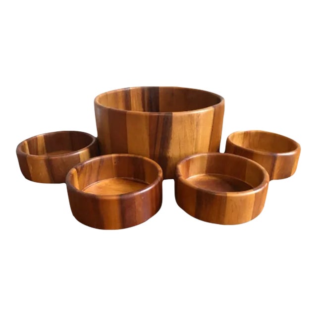 Mid Century Teak Wood Salad Bowls Set- 5 Pieces For Sale