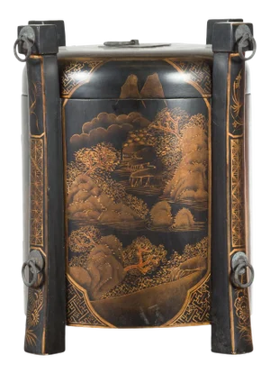 Chinese Vintage Black Lacquer Game Box with Gilded Traditional Landscape Scenes