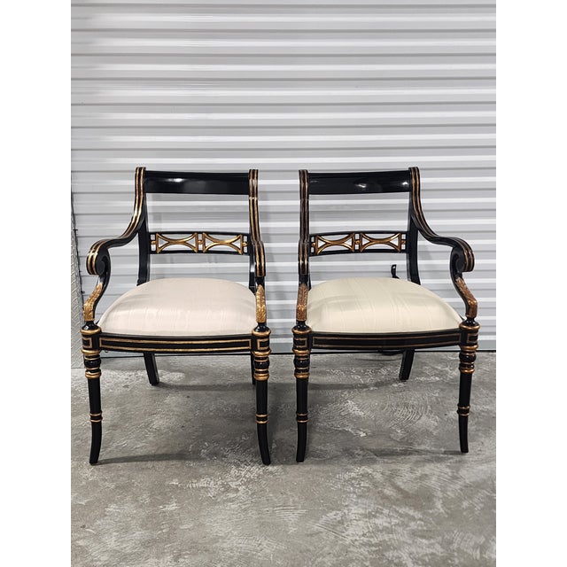 2000 - 2009 Maitland-Smith Regency Style Ebonized & Gilt Armchairs- A Pair For Sale - Image 5 of 16