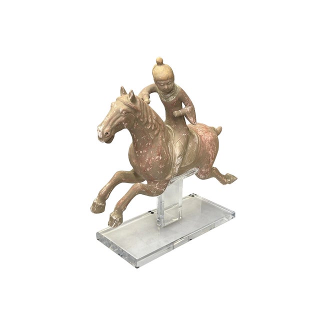 Chinese Chinese Vintage Terracotta Clay Man Riding Horse Figure Display Art For Sale - Image 3 of 11