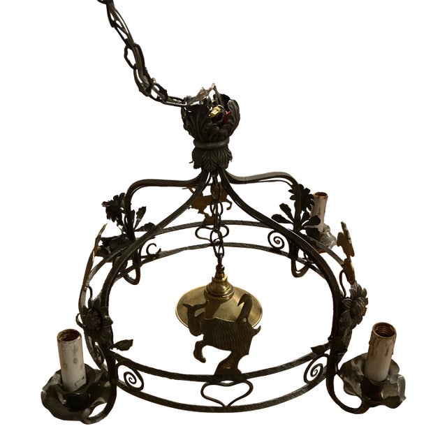 Early 20th Century European French/English Country Style Iron Chandelier With Brass Animals For Sale