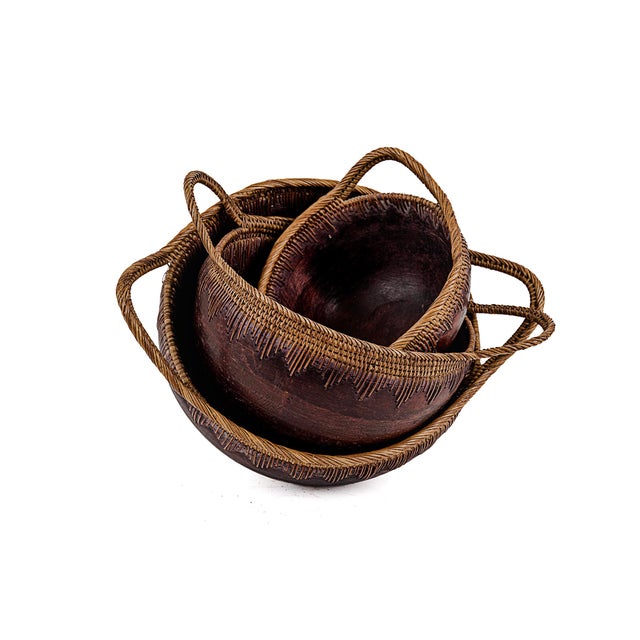 Vintage Indonesian Handmade Nesting Wooden Bowls With Woven Handles For Sale - Image 9 of 9