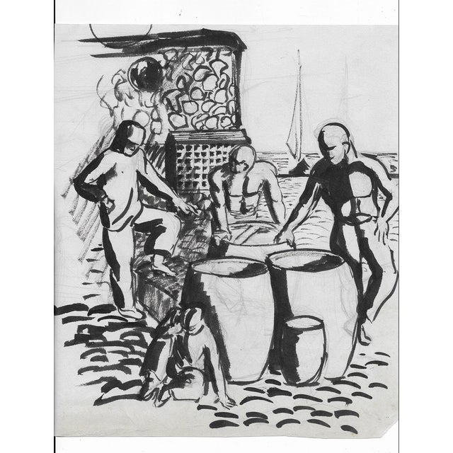 Mid-Century Modern 1950s Dock Workers Painting For Sale - Image 3 of 3