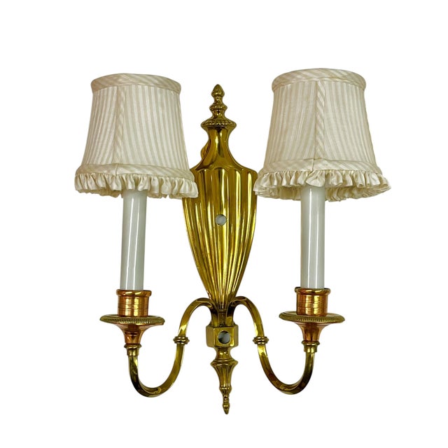 Vintage Pair of Brass & Copper Neoclassical Double-Arm Wall Sconces With Pleated Silk Shades For Sale - Image 4 of 18