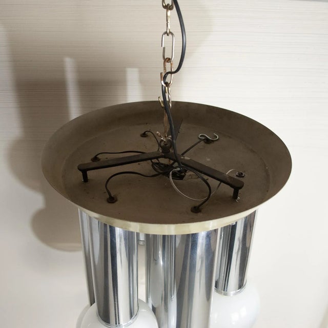 Metal Suspension Chandelier With 7 Lights in Satin Glass, Italy, 1970s For Sale - Image 7 of 10