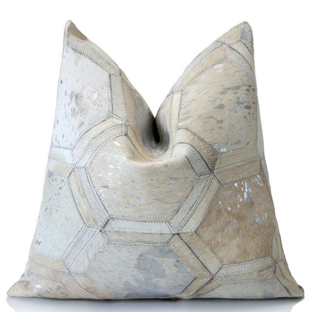 Farmhouse Luxury Silver Metallic Honeycomb Genuine Cowhide Pillow 18x18 | Handmade Designer Leather Cushion For Sale - Image 3 of 7