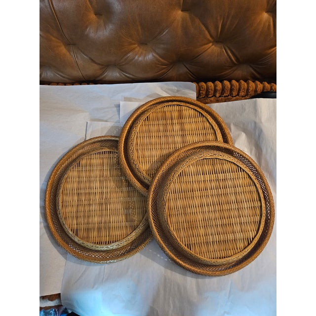 1970s Set of Three Vintage 1970s Wicker Peacock Wall Hanging Boho Rattan Woven Art Pieces For Sale - Image 5 of 5