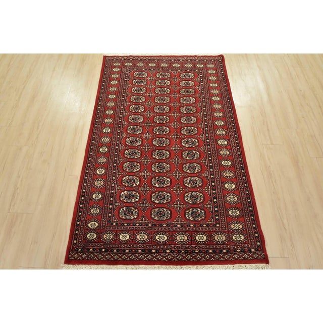 Tribal Bokhara Rug 4’1” X 6’5” Red Wool Tribal Hand-Knotted Oriental Carpet For Sale - Image 3 of 12