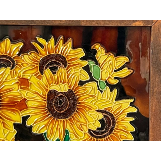 Contemporary Large Vintage Ceramic Sunflowers in Vase – Framed Wall Hanging Kitchen Art For Sale - Image 3 of 10